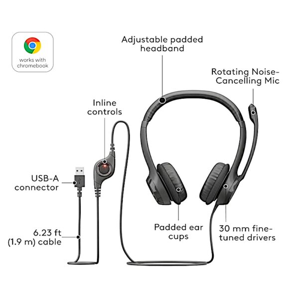 Logitech H390 USB Headset Over-Ear Comfort w/ Noise-Canceling Mic for PC/Laptop - Picture 3 of 6